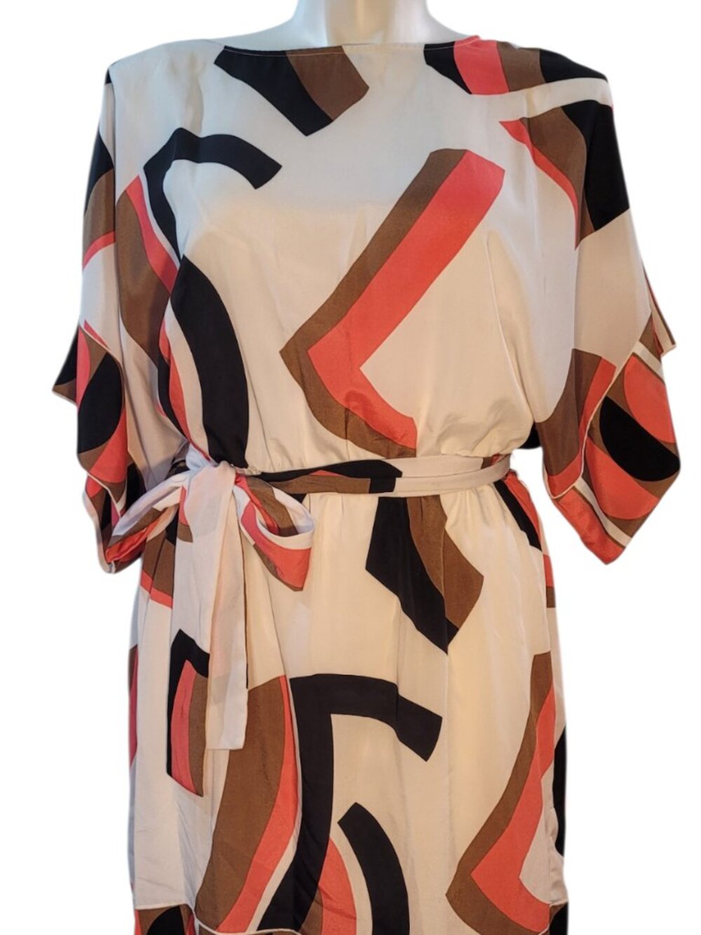 New York & Company Abstract Geometric Print Dress XL Cream Coral Black Brown Tie - Picture 3 of 10